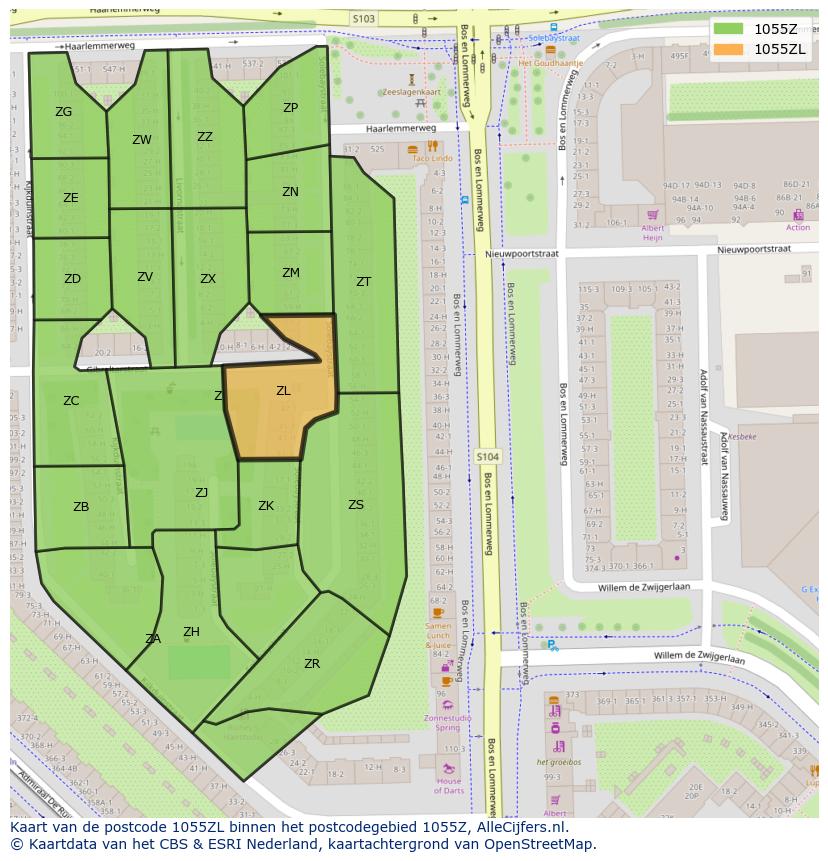 Afbeelding van het postcodegebied 1055 ZL op de kaart.