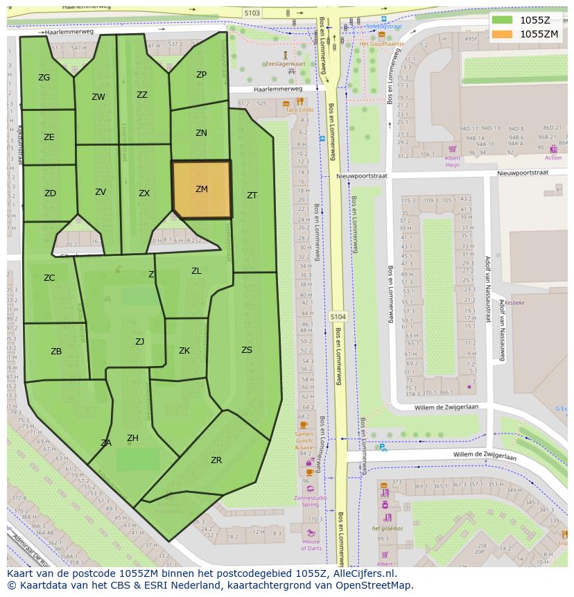 Afbeelding van het postcodegebied 1055 ZM op de kaart.
