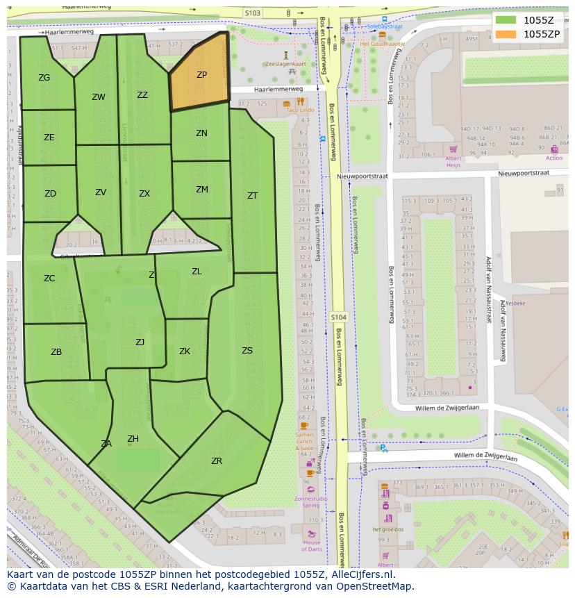 Afbeelding van het postcodegebied 1055 ZP op de kaart.