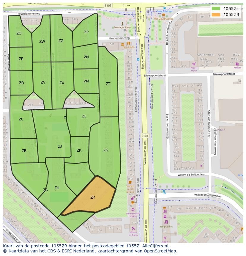 Afbeelding van het postcodegebied 1055 ZR op de kaart.