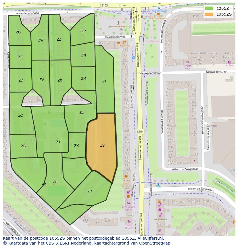 Afbeelding van het postcodegebied 1055 ZS op de kaart.