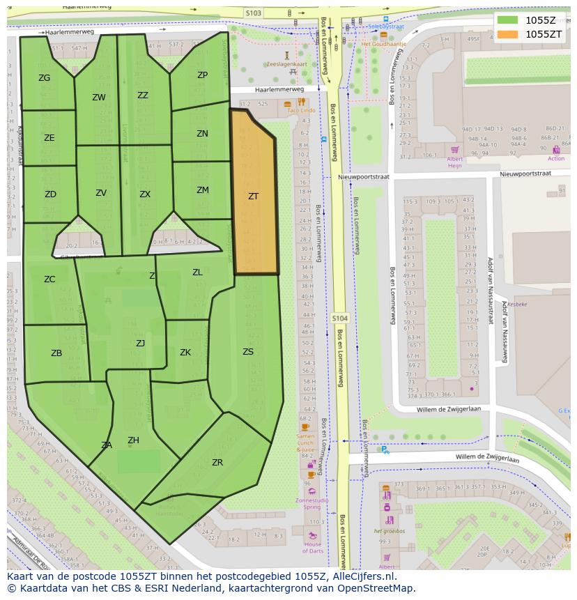 Afbeelding van het postcodegebied 1055 ZT op de kaart.