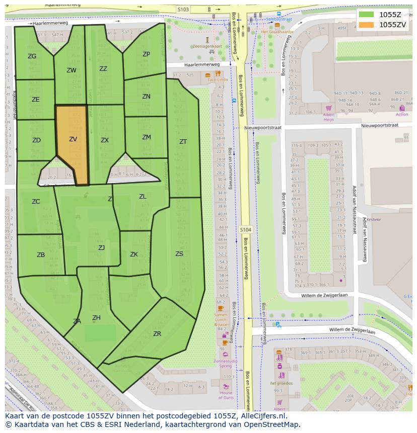 Afbeelding van het postcodegebied 1055 ZV op de kaart.