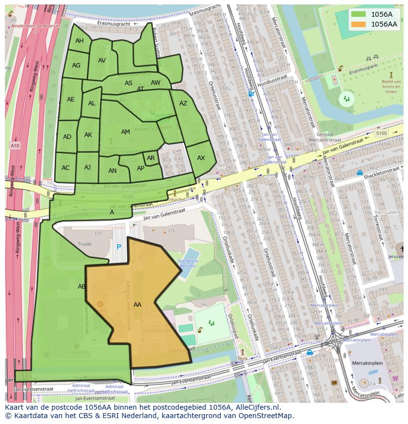 Afbeelding van het postcodegebied 1056 AA op de kaart.