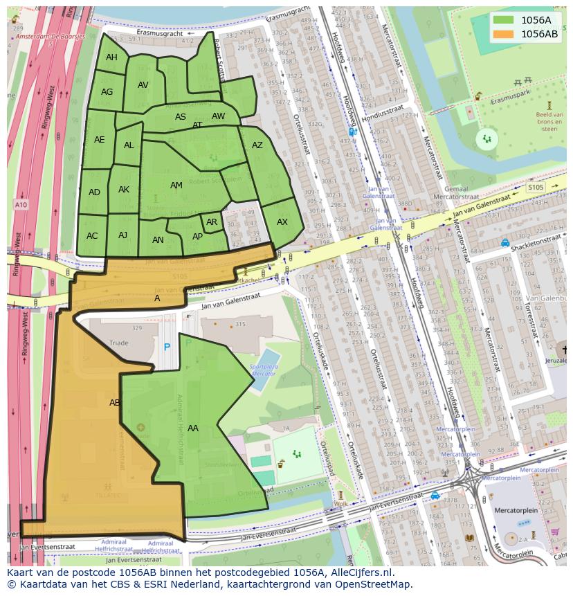 Afbeelding van het postcodegebied 1056 AB op de kaart.
