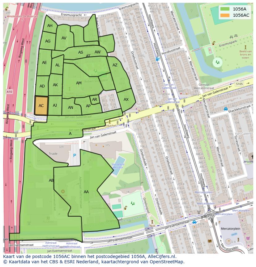 Afbeelding van het postcodegebied 1056 AC op de kaart.