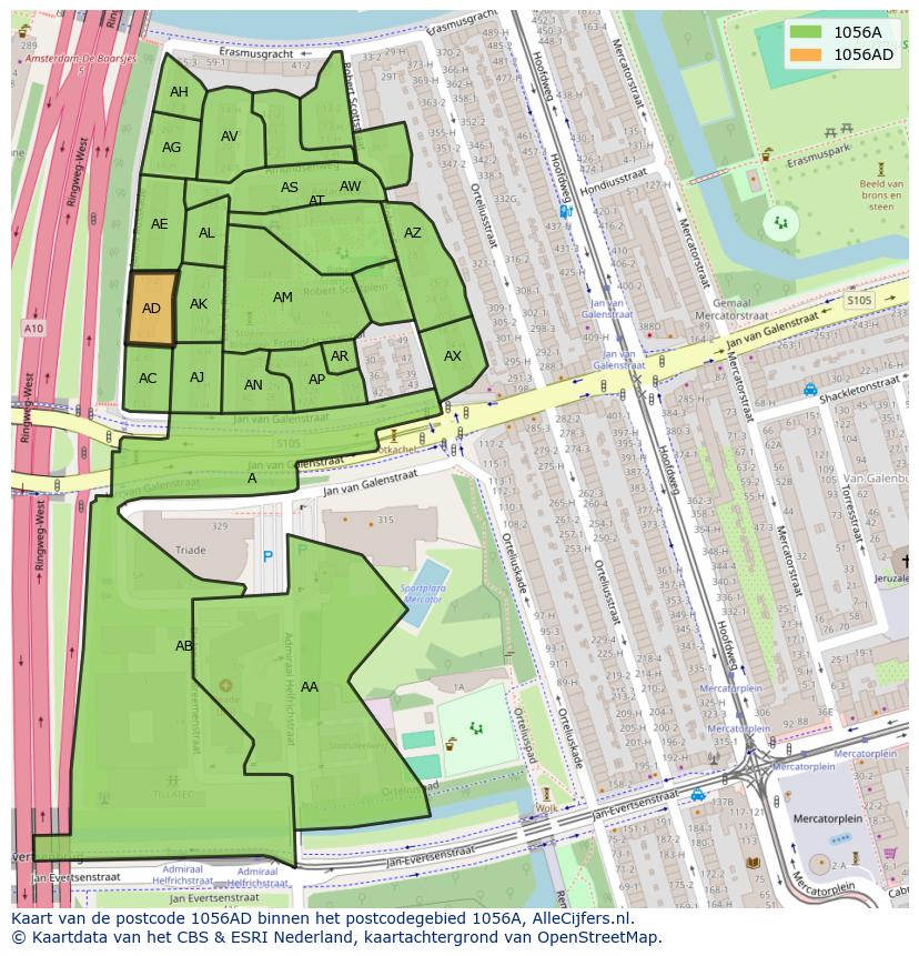 Afbeelding van het postcodegebied 1056 AD op de kaart.