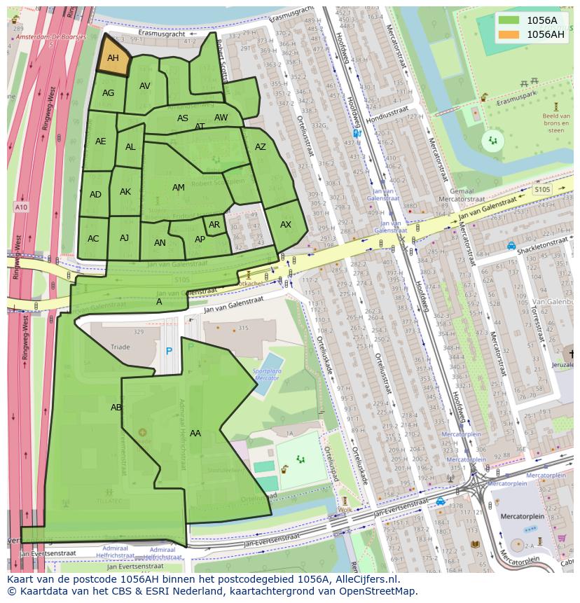 Afbeelding van het postcodegebied 1056 AH op de kaart.