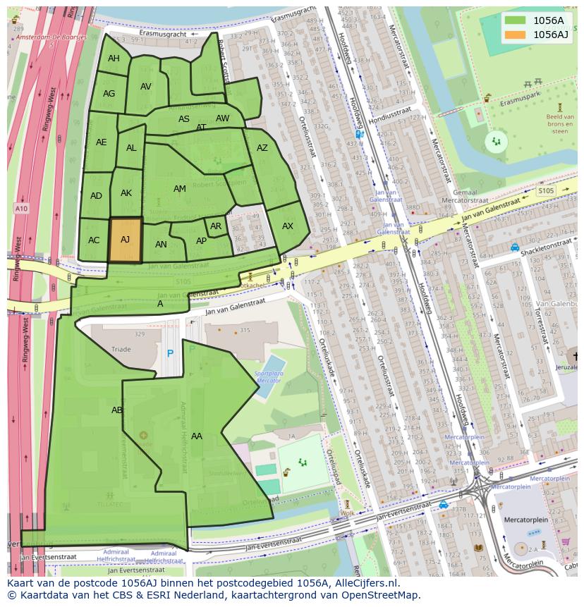 Afbeelding van het postcodegebied 1056 AJ op de kaart.