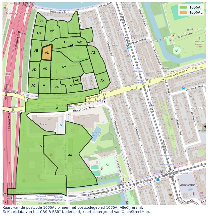 Afbeelding van het postcodegebied 1056 AL op de kaart.