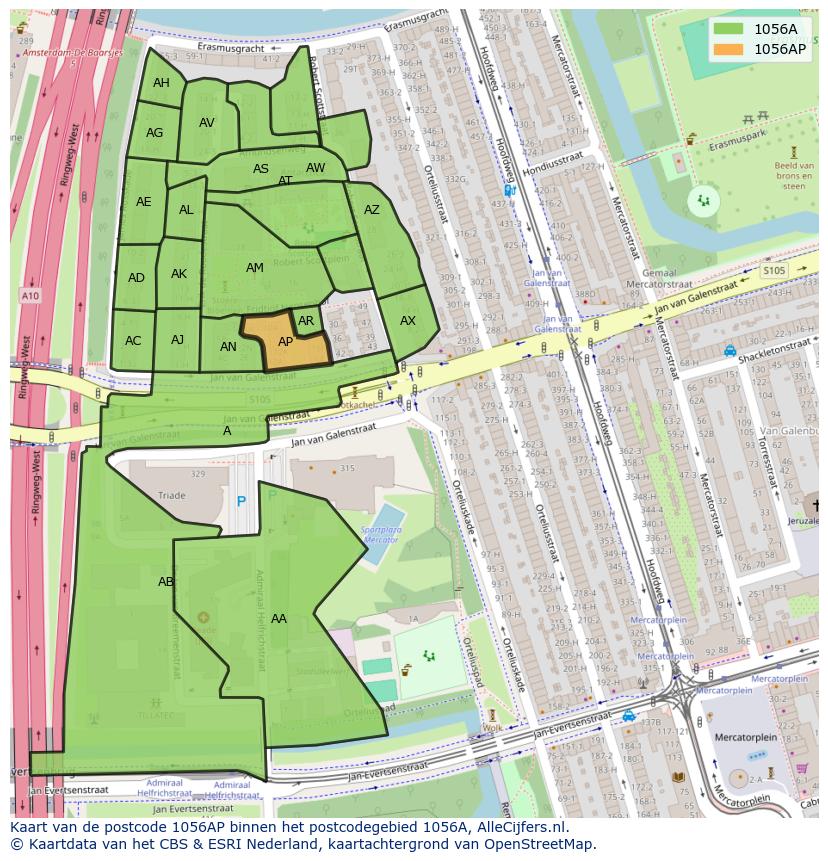 Afbeelding van het postcodegebied 1056 AP op de kaart.