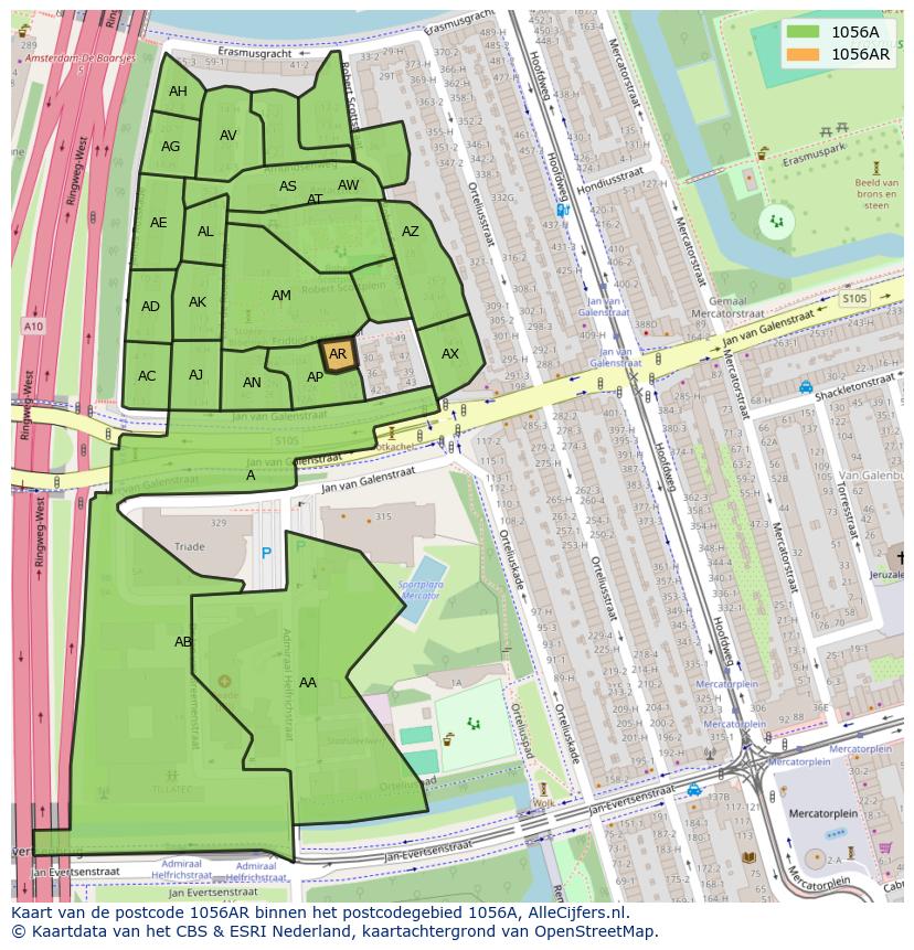 Afbeelding van het postcodegebied 1056 AR op de kaart.