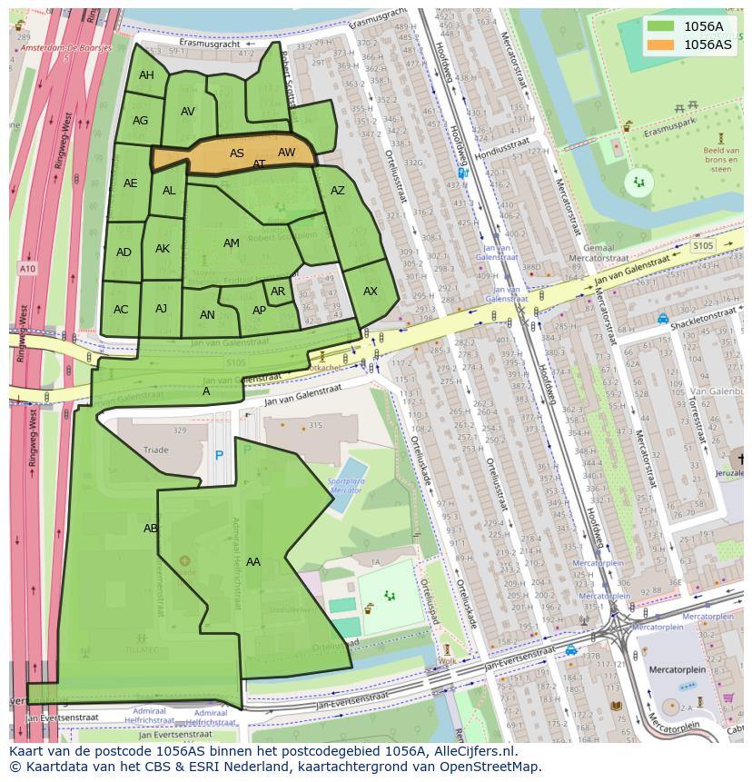 Afbeelding van het postcodegebied 1056 AS op de kaart.