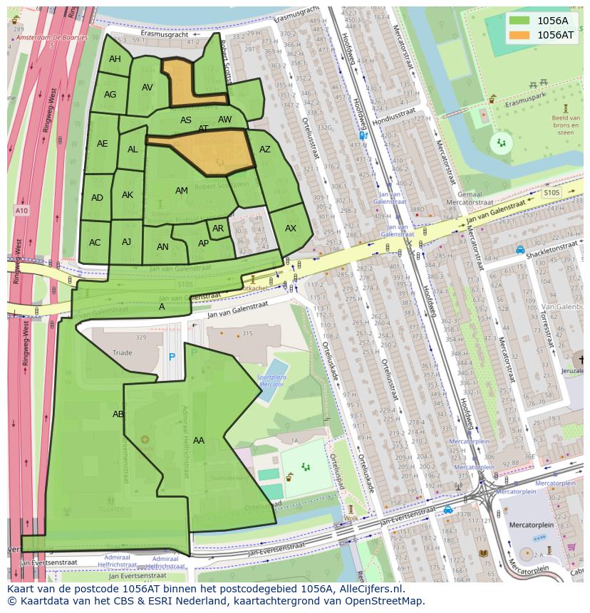 Afbeelding van het postcodegebied 1056 AT op de kaart.