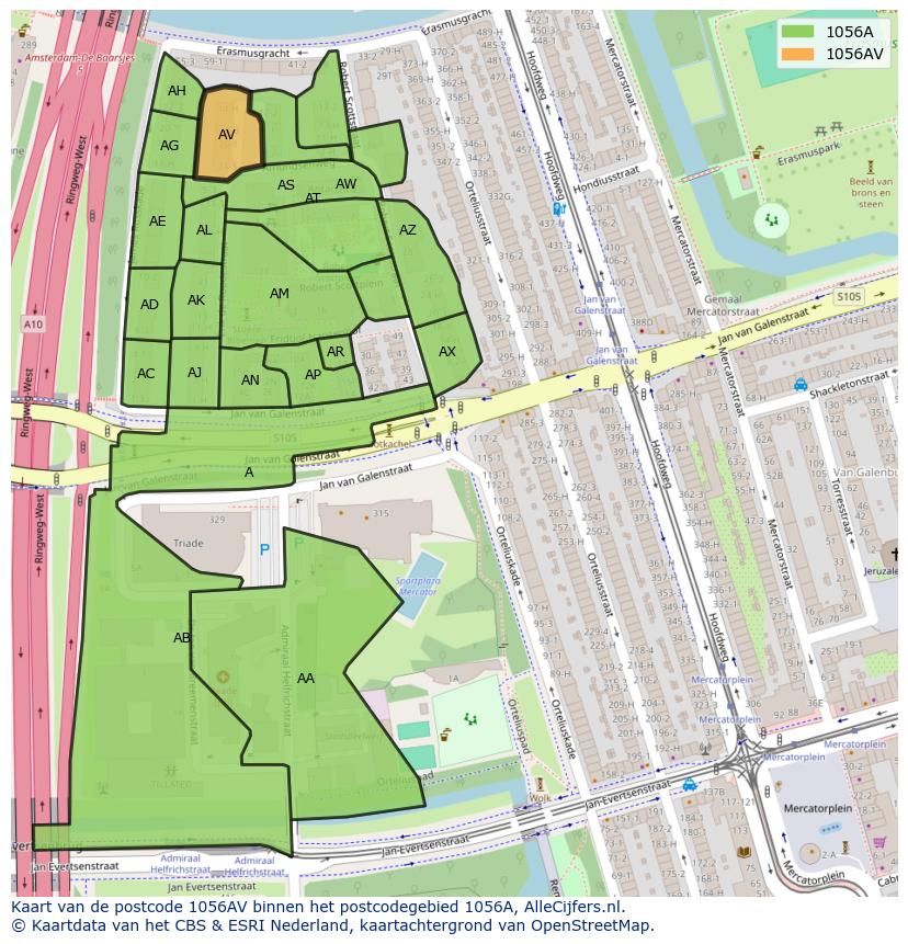 Afbeelding van het postcodegebied 1056 AV op de kaart.
