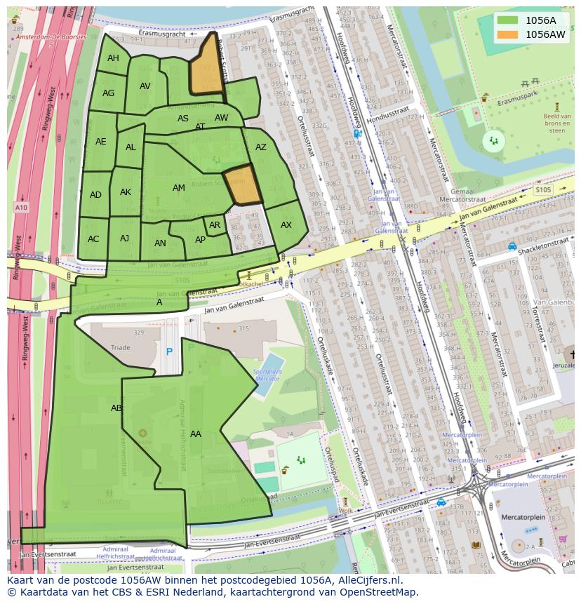 Afbeelding van het postcodegebied 1056 AW op de kaart.