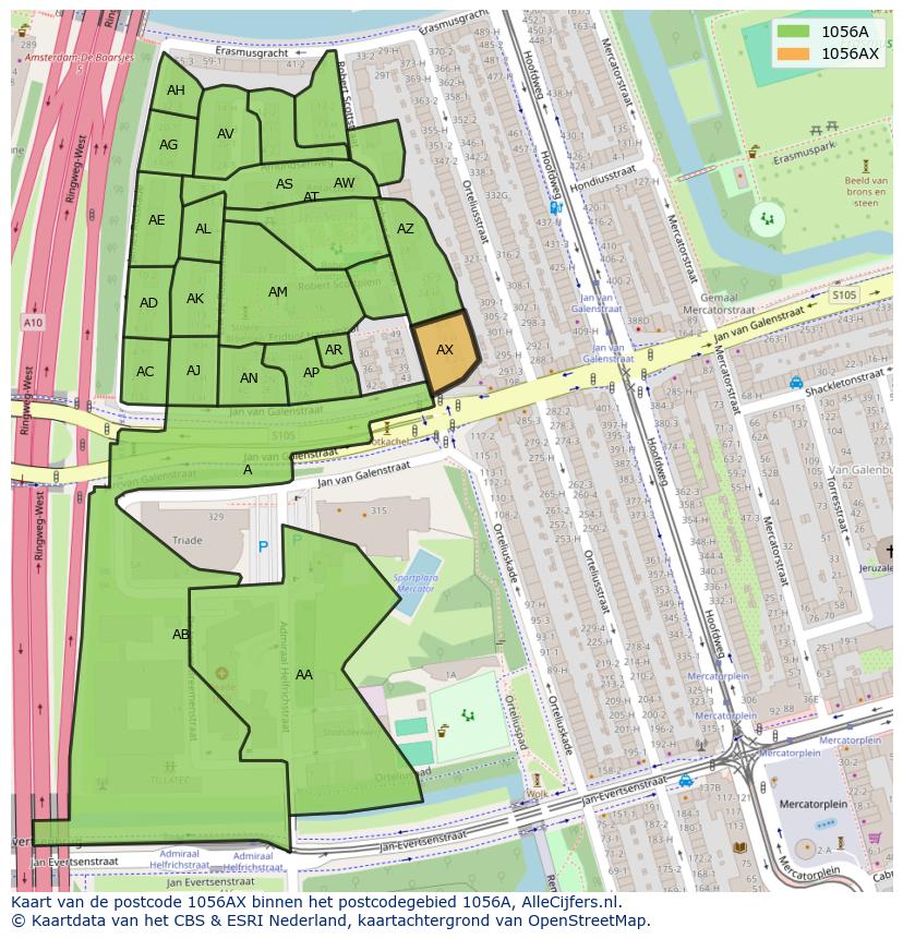 Afbeelding van het postcodegebied 1056 AX op de kaart.