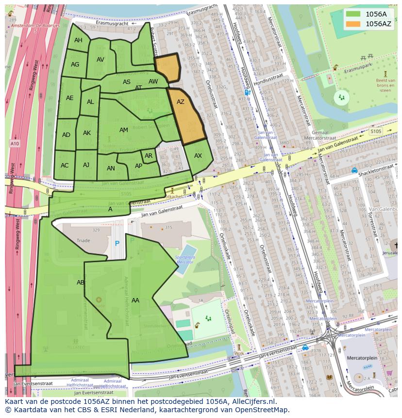 Afbeelding van het postcodegebied 1056 AZ op de kaart.