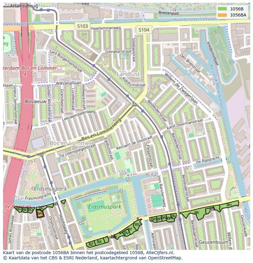 Afbeelding van het postcodegebied 1056 BA op de kaart.