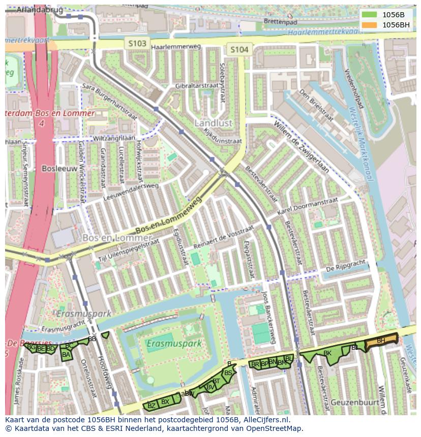 Afbeelding van het postcodegebied 1056 BH op de kaart.