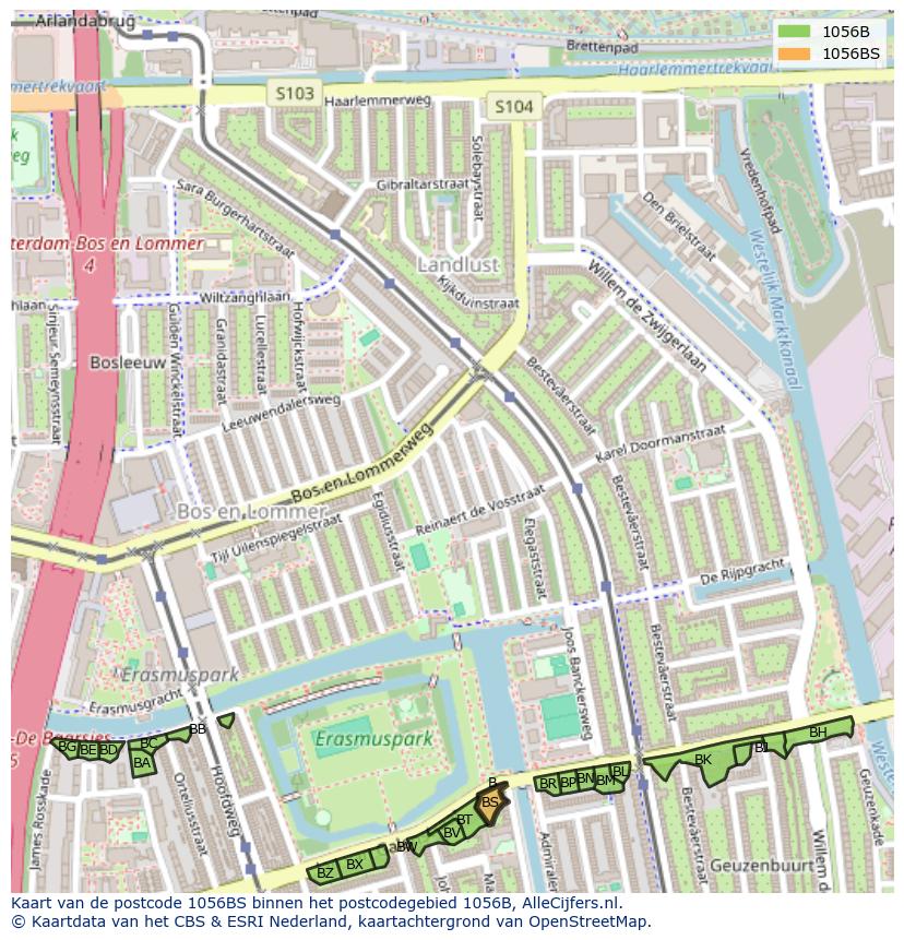 Afbeelding van het postcodegebied 1056 BS op de kaart.