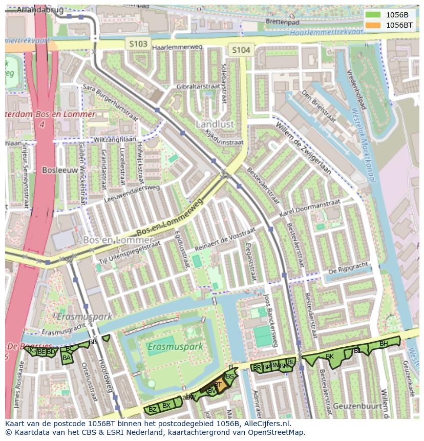 Afbeelding van het postcodegebied 1056 BT op de kaart.