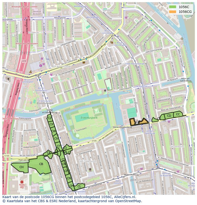 Afbeelding van het postcodegebied 1056 CG op de kaart.