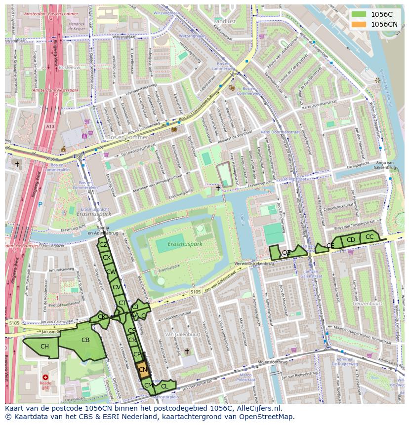 Afbeelding van het postcodegebied 1056 CN op de kaart.