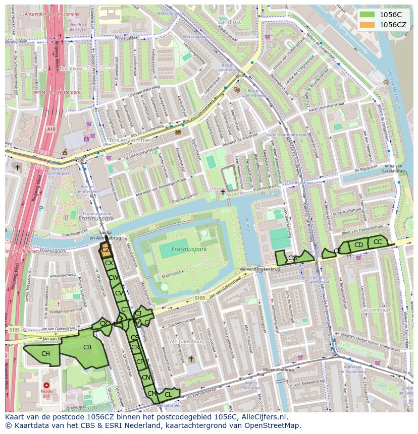 Afbeelding van het postcodegebied 1056 CZ op de kaart.