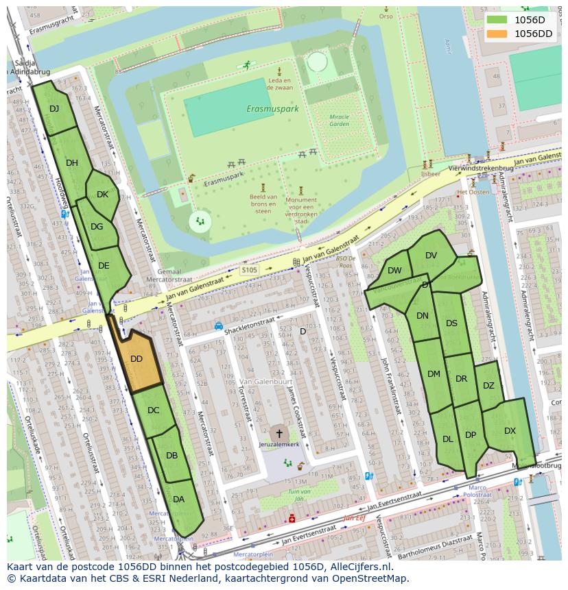 Afbeelding van het postcodegebied 1056 DD op de kaart.
