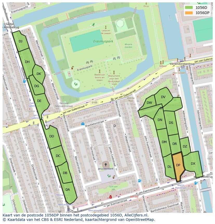 Afbeelding van het postcodegebied 1056 DP op de kaart.