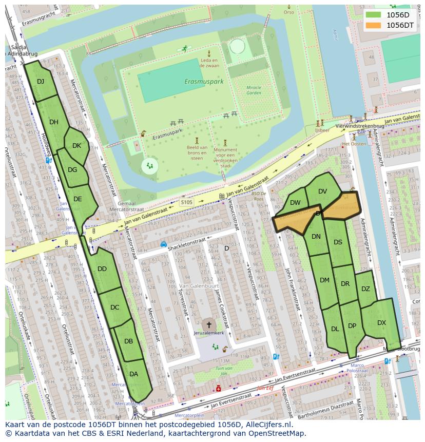 Afbeelding van het postcodegebied 1056 DT op de kaart.