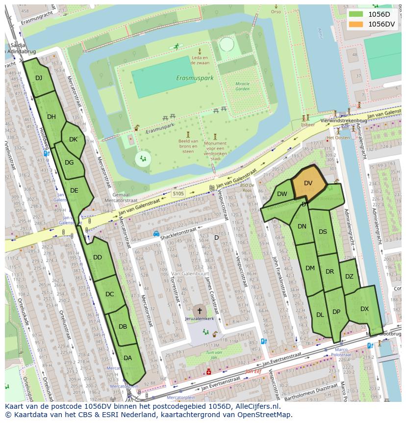 Afbeelding van het postcodegebied 1056 DV op de kaart.