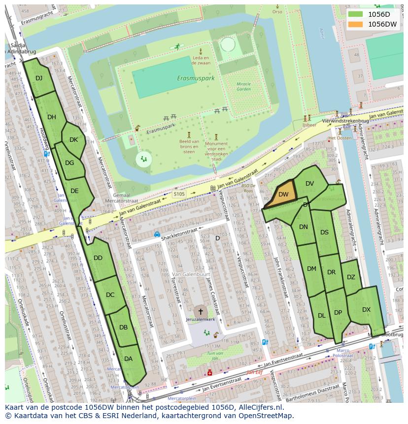 Afbeelding van het postcodegebied 1056 DW op de kaart.