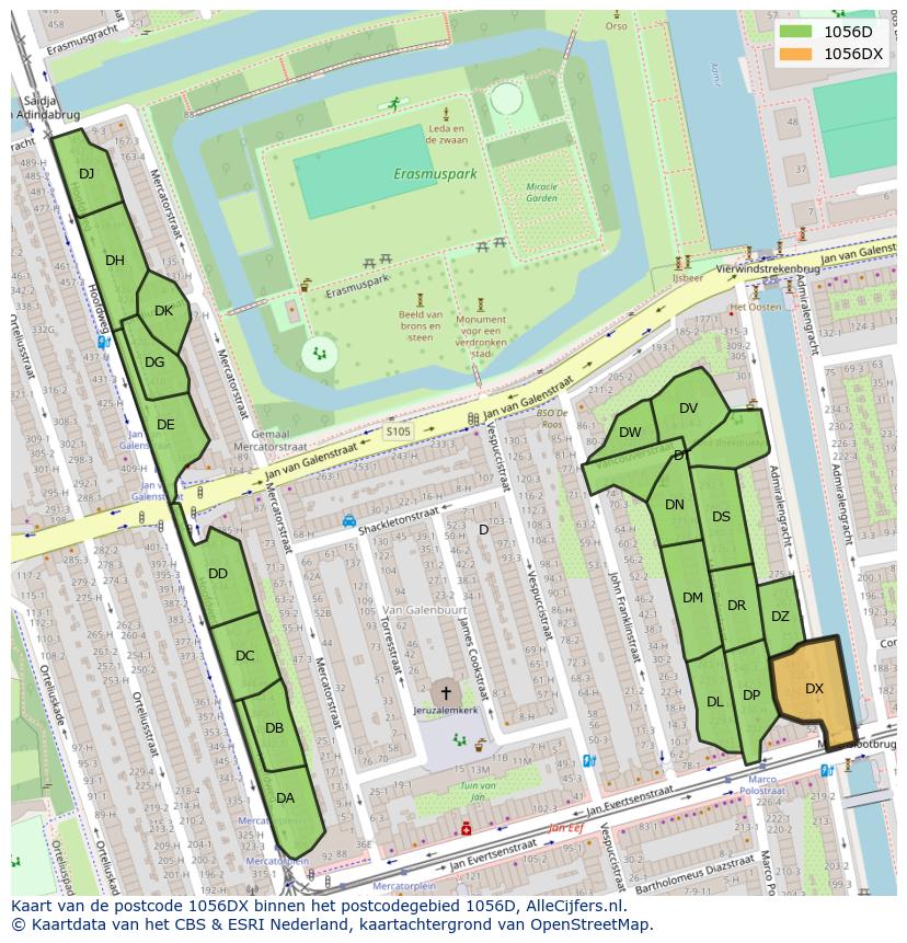 Afbeelding van het postcodegebied 1056 DX op de kaart.