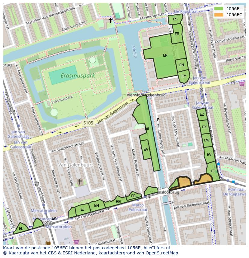 Afbeelding van het postcodegebied 1056 EC op de kaart.
