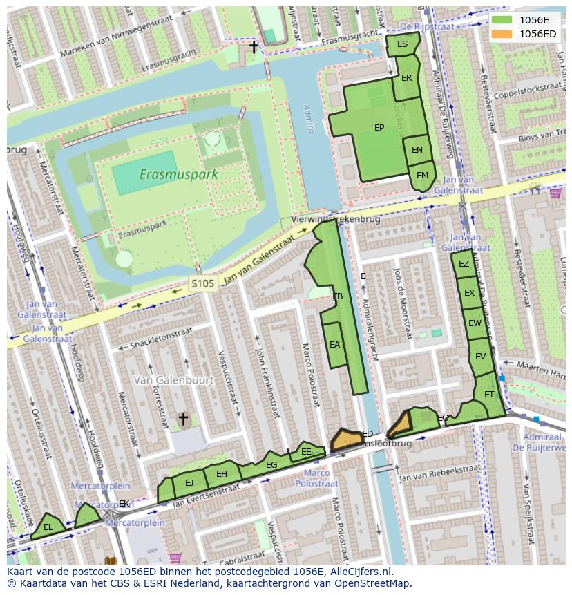 Afbeelding van het postcodegebied 1056 ED op de kaart.