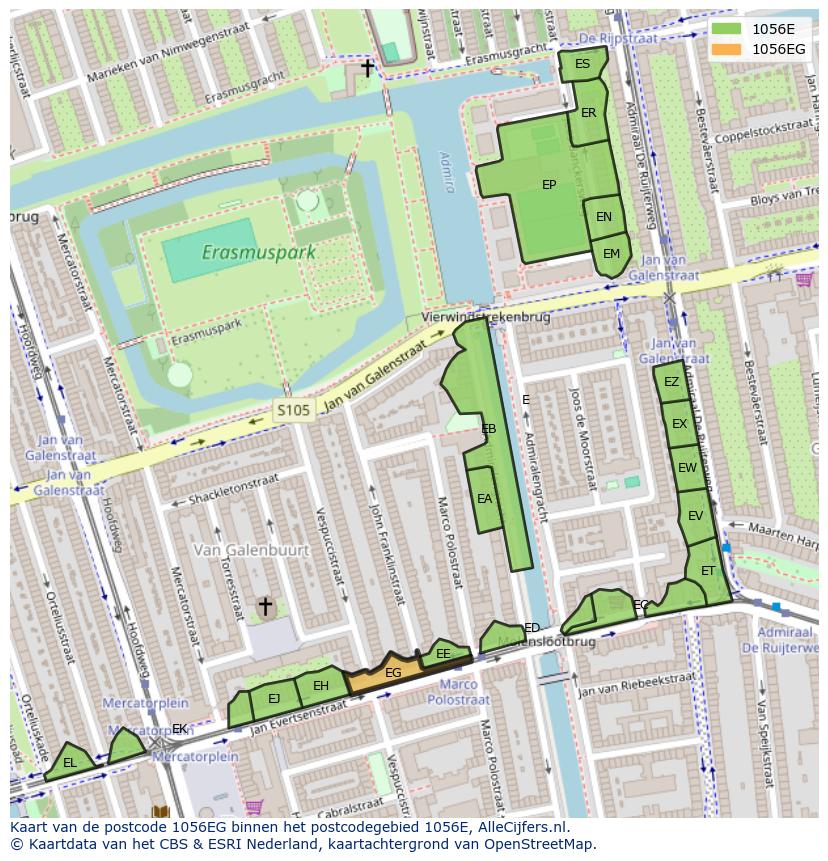Afbeelding van het postcodegebied 1056 EG op de kaart.