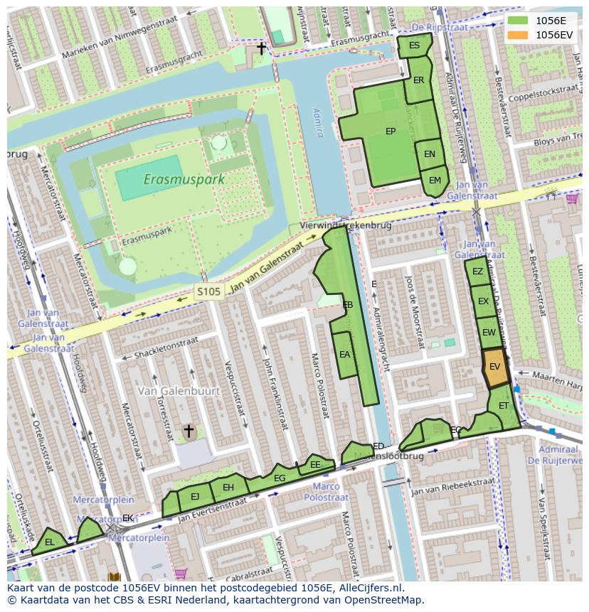 Afbeelding van het postcodegebied 1056 EV op de kaart.