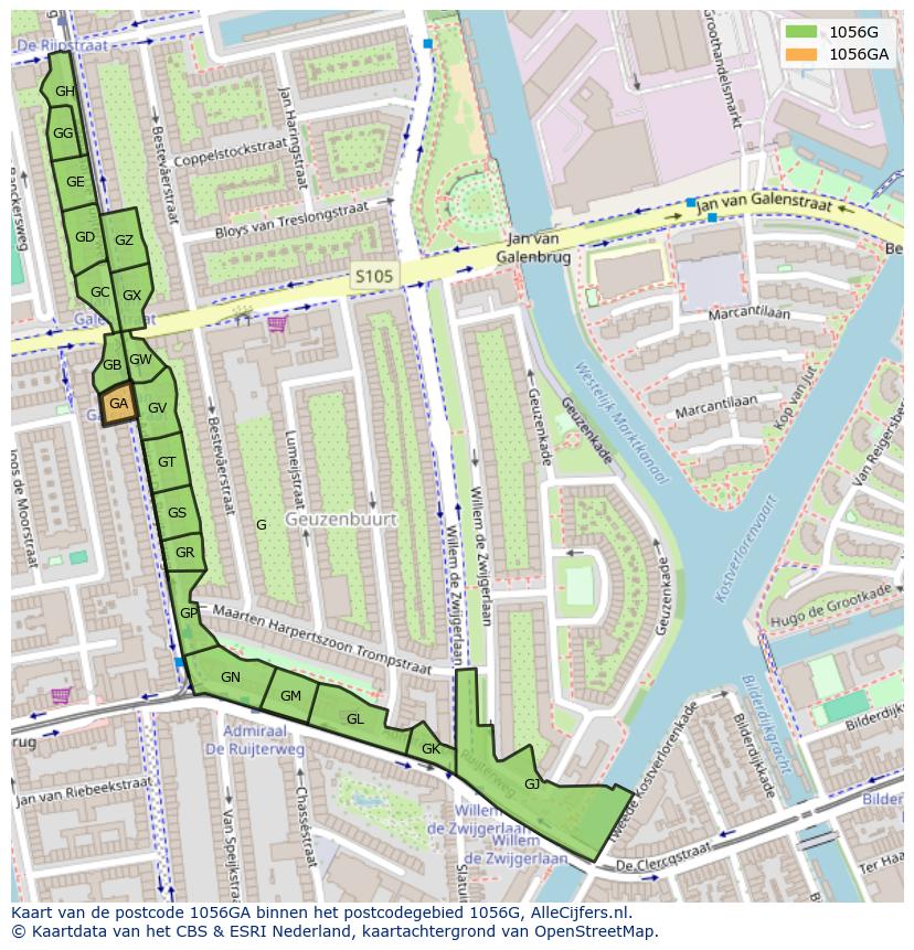 Afbeelding van het postcodegebied 1056 GA op de kaart.