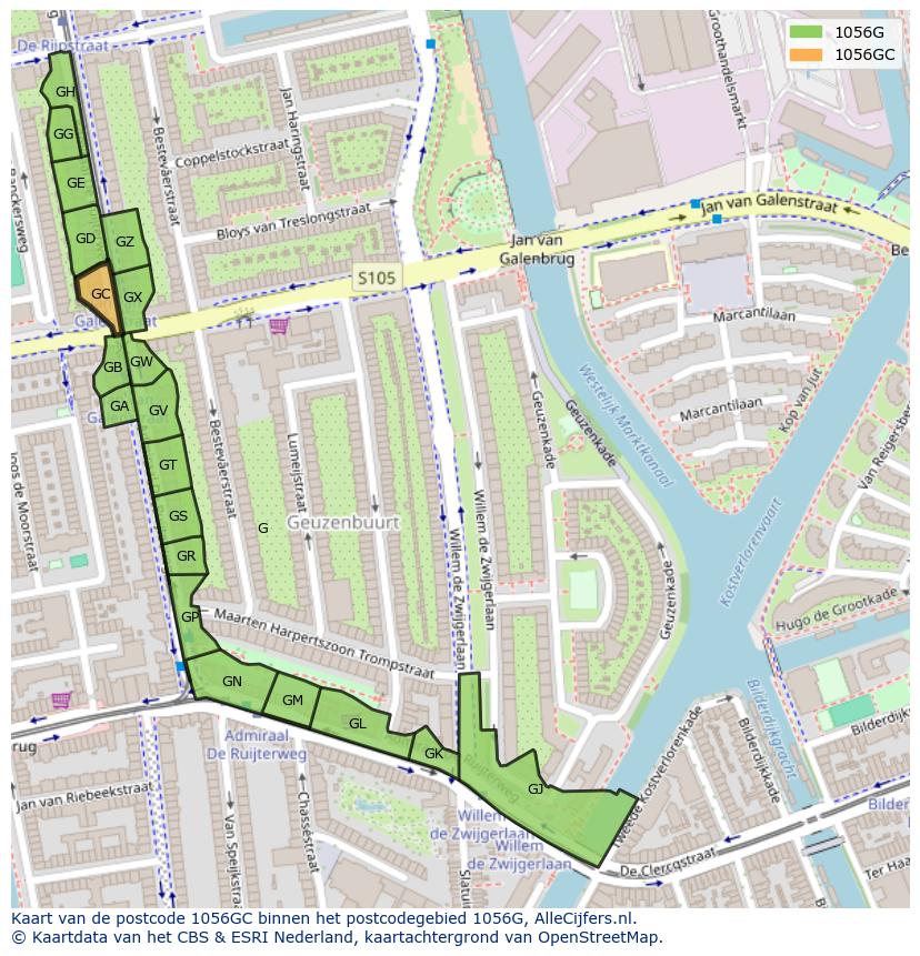 Afbeelding van het postcodegebied 1056 GC op de kaart.