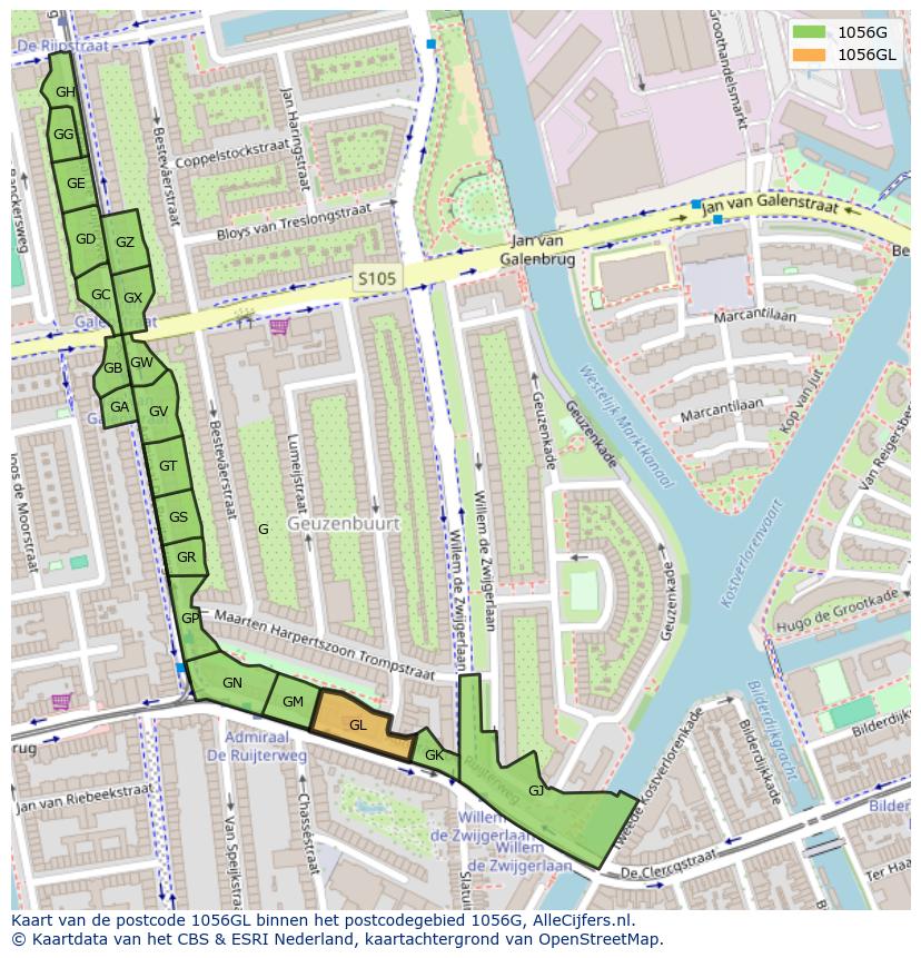 Afbeelding van het postcodegebied 1056 GL op de kaart.