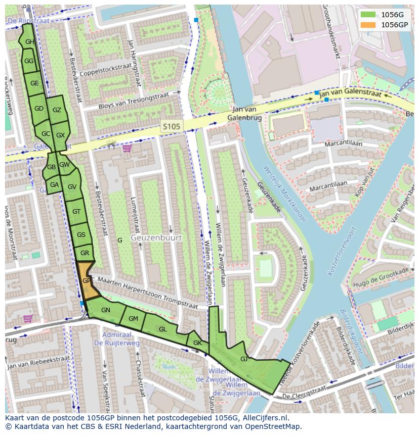 Afbeelding van het postcodegebied 1056 GP op de kaart.