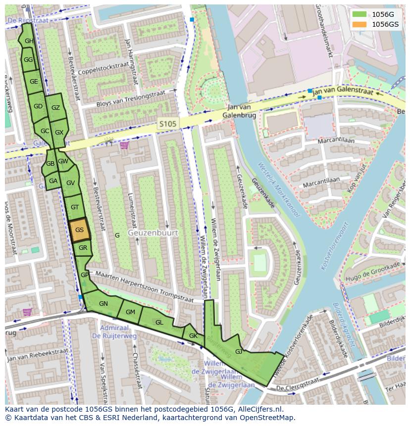 Afbeelding van het postcodegebied 1056 GS op de kaart.