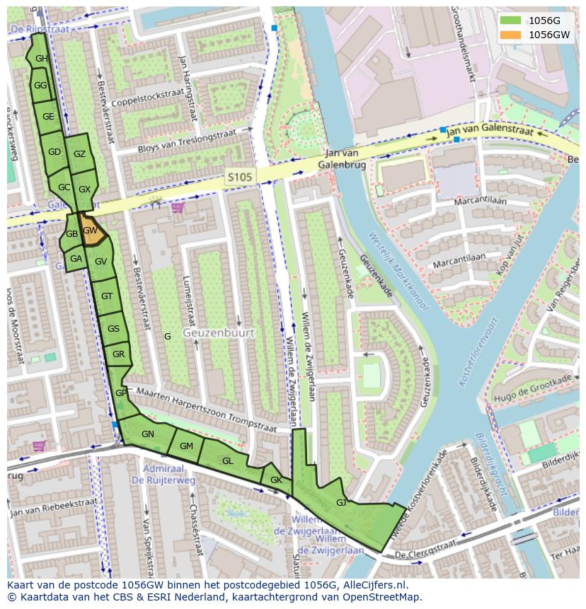 Afbeelding van het postcodegebied 1056 GW op de kaart.