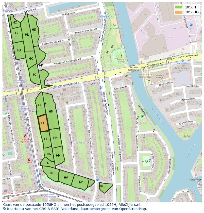 Afbeelding van het postcodegebied 1056 HG op de kaart.