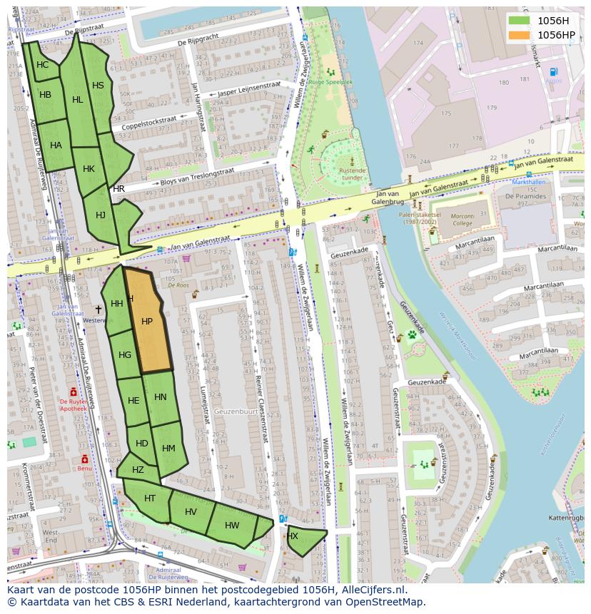 Afbeelding van het postcodegebied 1056 HP op de kaart.