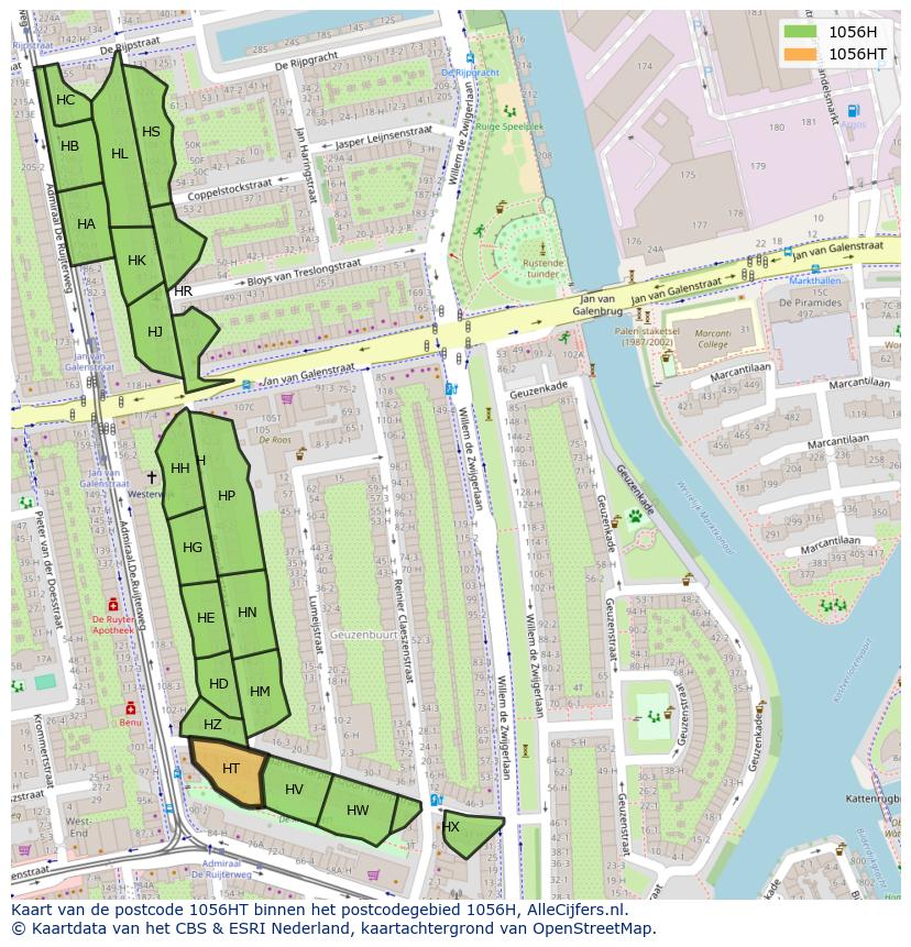 Afbeelding van het postcodegebied 1056 HT op de kaart.