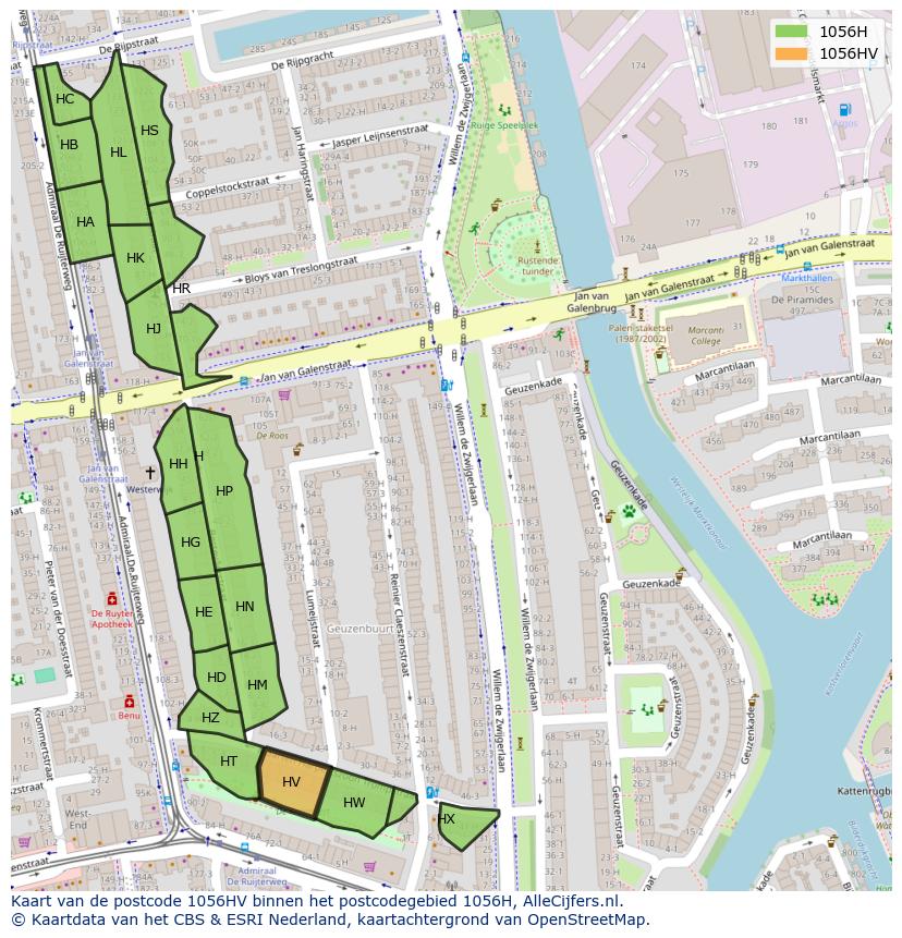 Afbeelding van het postcodegebied 1056 HV op de kaart.