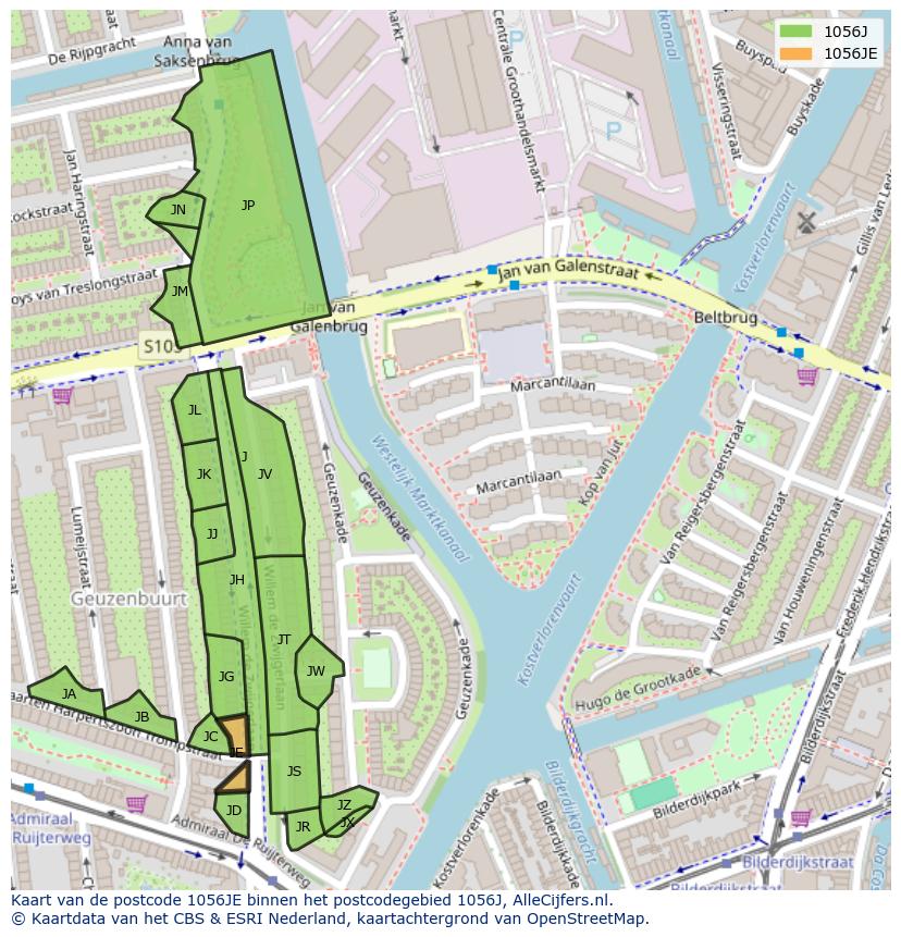 Afbeelding van het postcodegebied 1056 JE op de kaart.